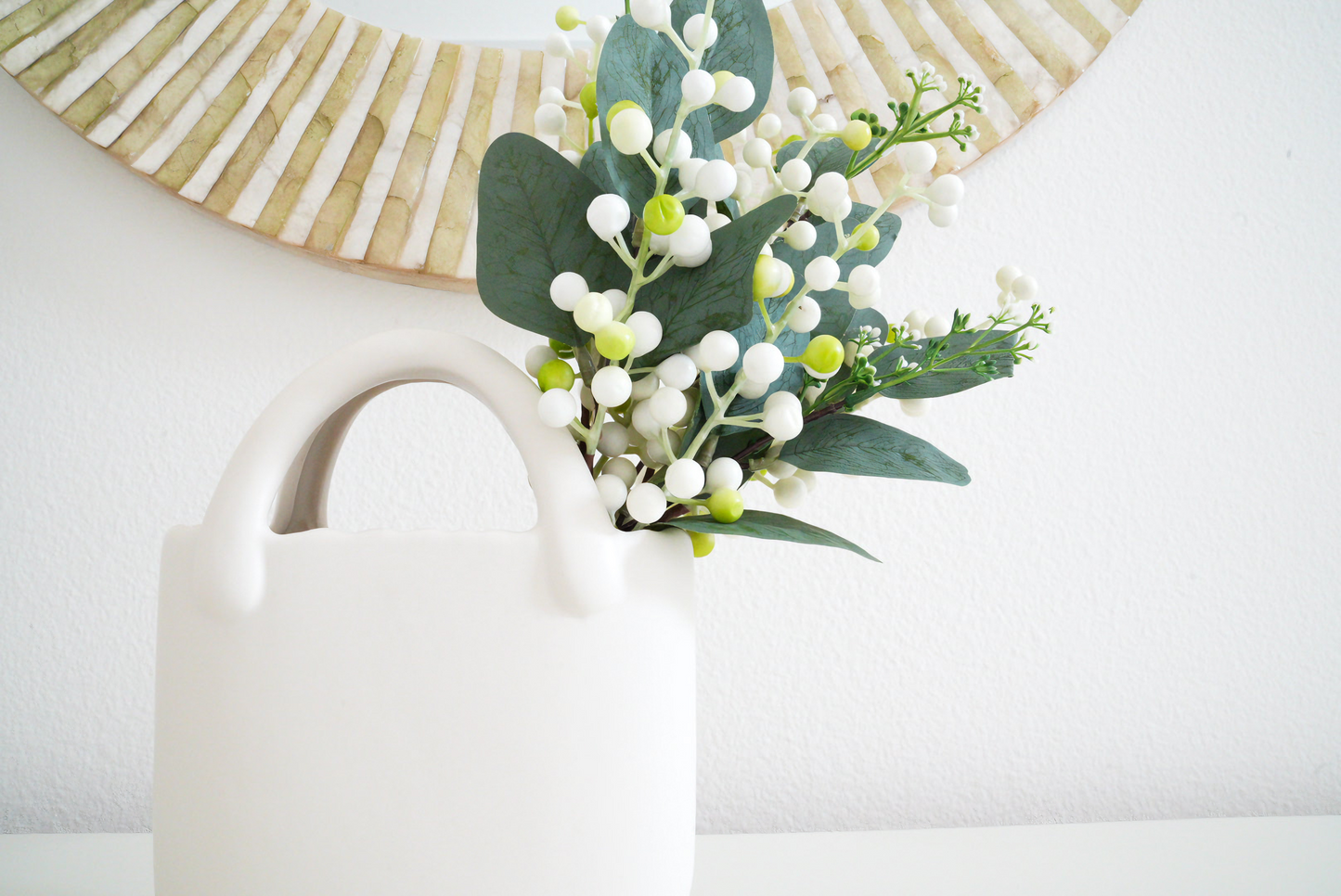 Ceramic "Handbag" Vase with Artificial Berries and Eucalyptus