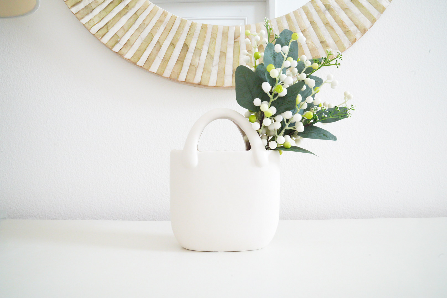 Ceramic "Handbag" Vase with Artificial Berries and Eucalyptus