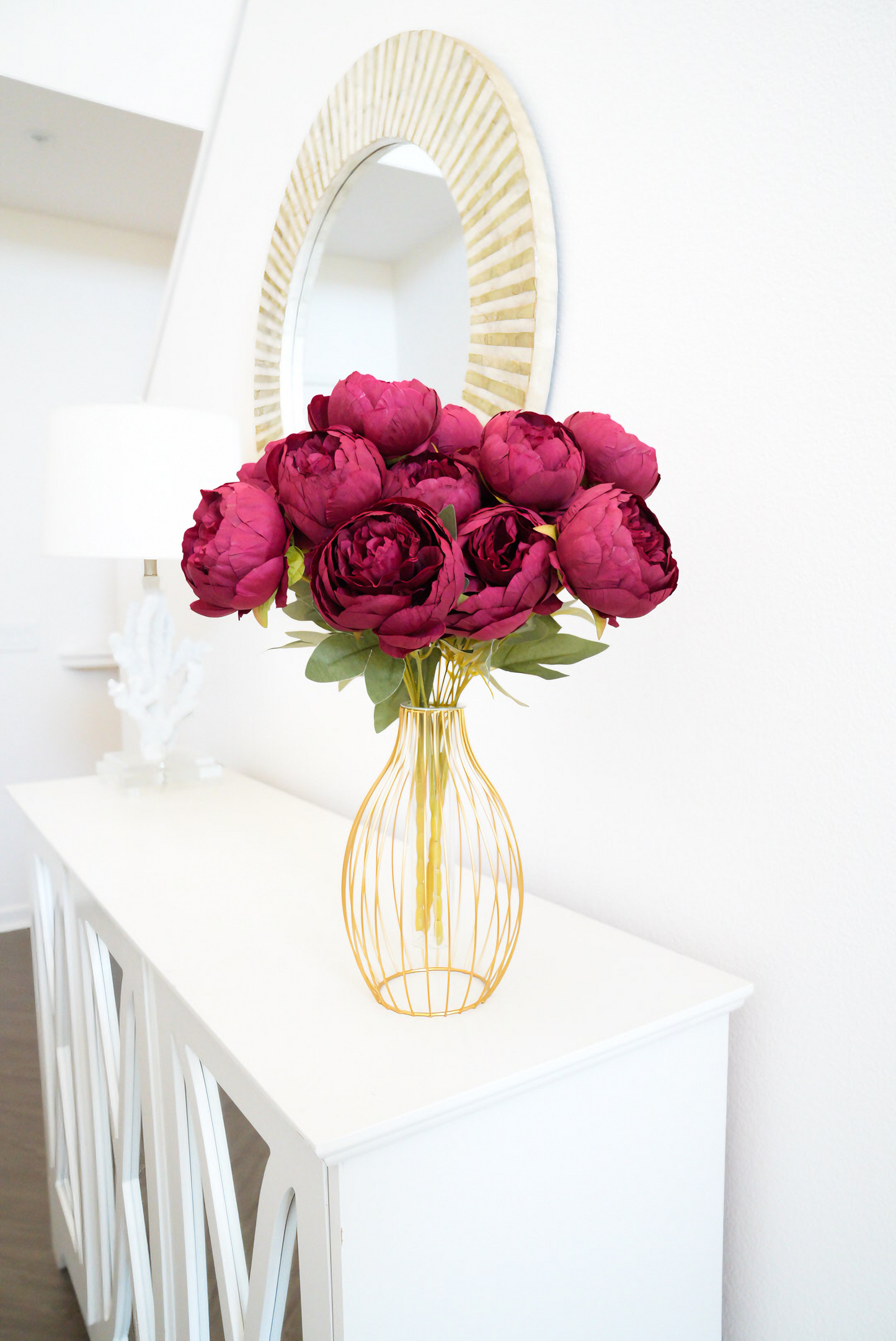 7 Heads Faux Burgundy Peony | Gold Vase Peony Arrangement