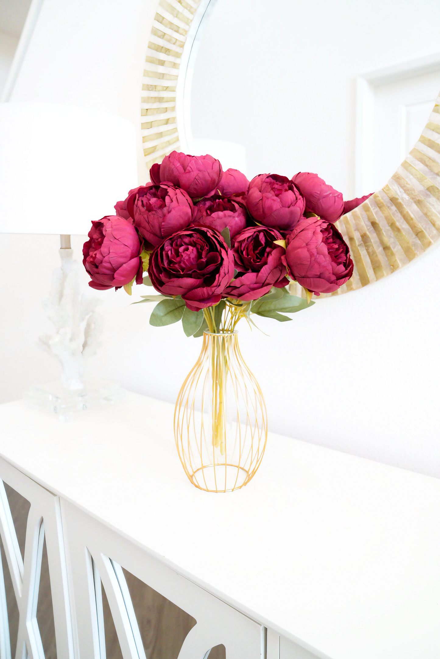 7 Heads Faux Burgundy Peony | Gold Vase Peony Arrangement